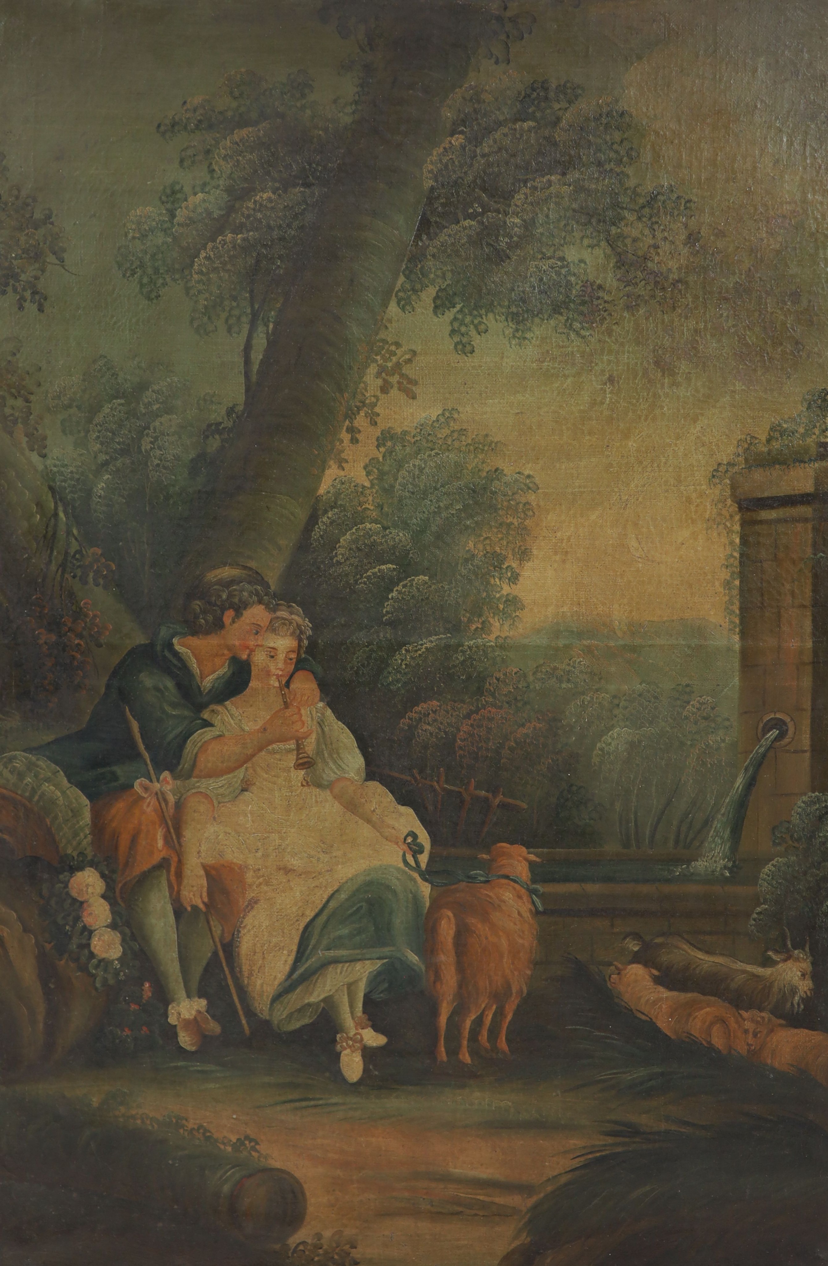Late 19th century French School, Pastoral lovers, Oil on canvas, 100 x 67cm. Overall 156 x 72cm.
